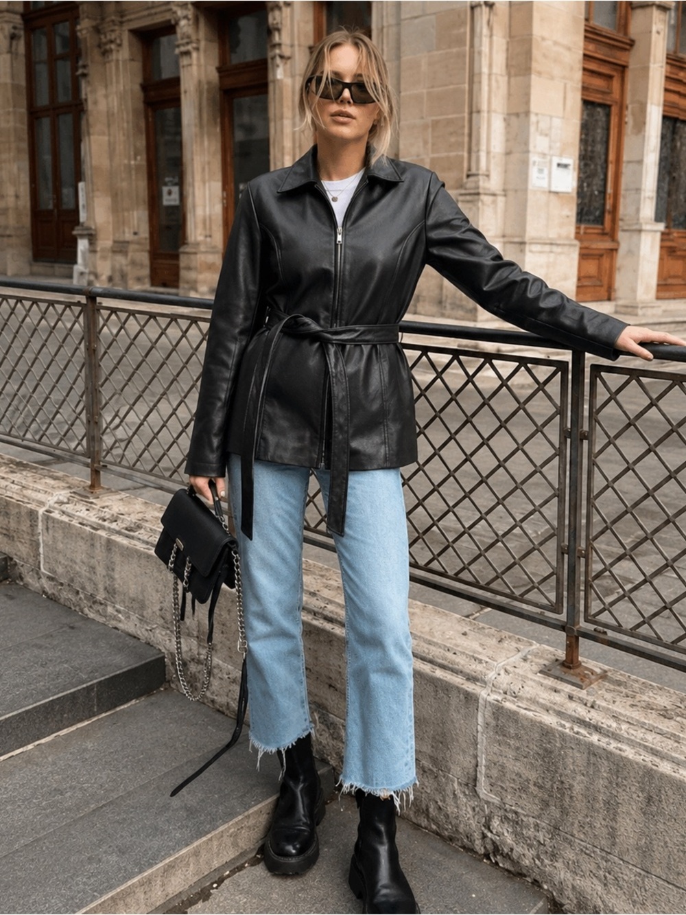 Oscar Piel Black Genuine Leather Belted Jacket Removable Shearling Liner M